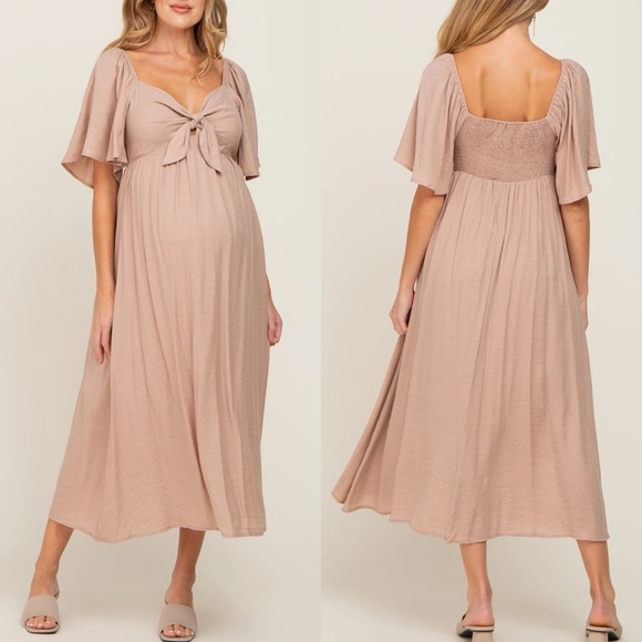Pinkblush Dresses & Skirts - Pinkblush Mocha Front Tie Ruffle Sleeve Maternity Midi Dress NWOT | Small